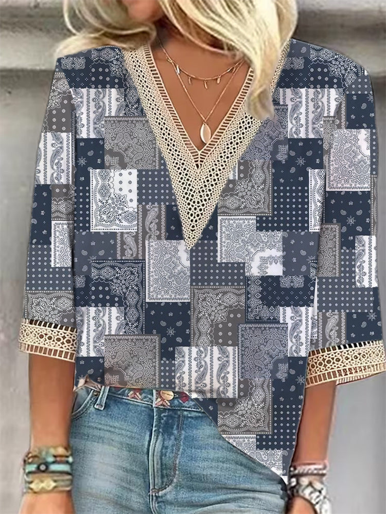 European And American Popular Fashion Loose Multi-color Floral Print Stitching Lace Half Sleeve V-neck Top