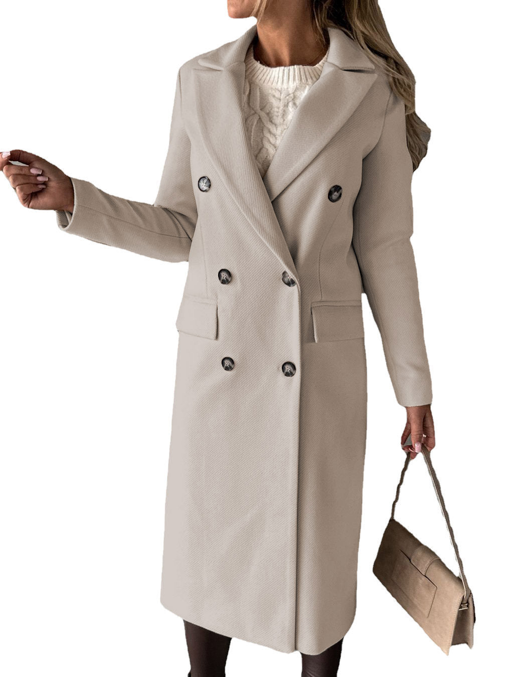 Manteau à manches longues et revers pour femme, veste longue et slim, couleur unie, à double boutonnage, tendance hiver