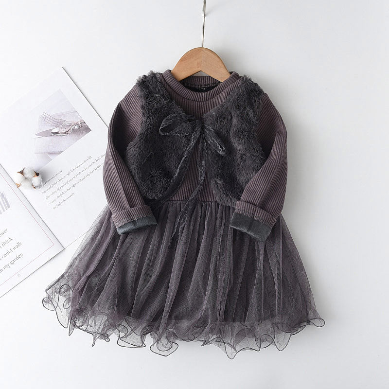 Girls'  Mink Velvet Fake Two Piece Dress