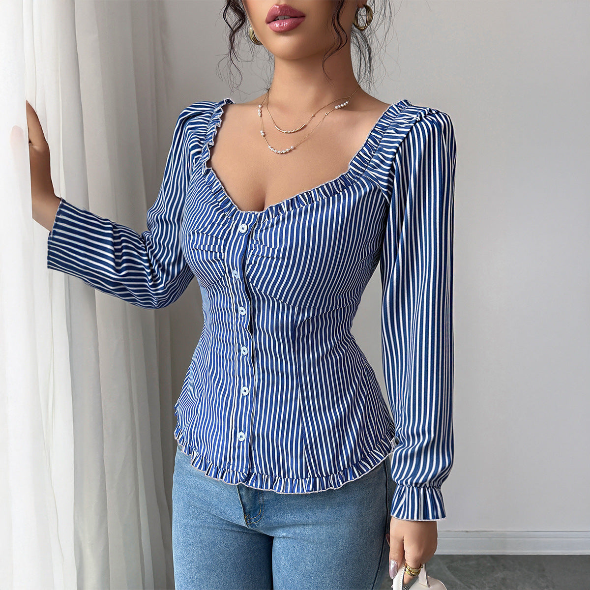 Style Striped Long-sleeved T-shirt Blouse Women