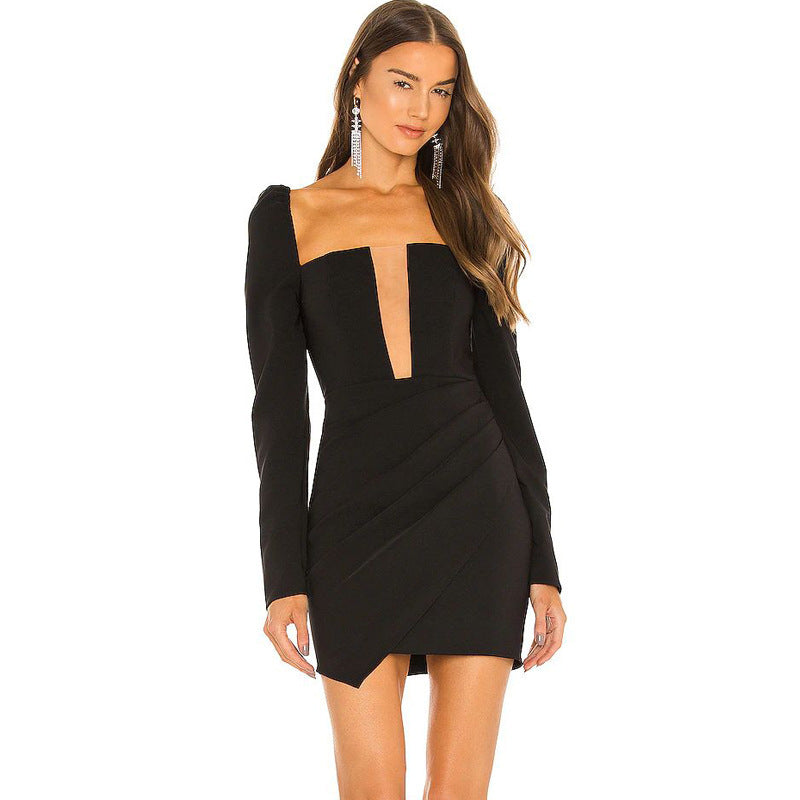Women's Square Neck Long Sleeve Slim Hip Dress Women