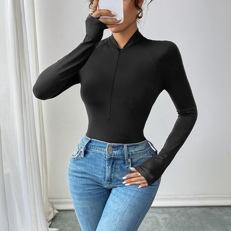 Casual Simple Half Zipped Stand Collar Long Sleeve Solid Color Jumpsuit