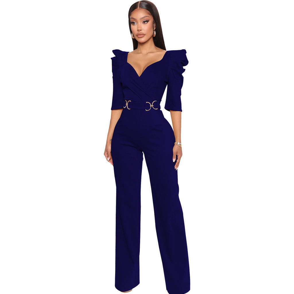 Long Sleeve V Underwear Wide Leg Jumpsuit