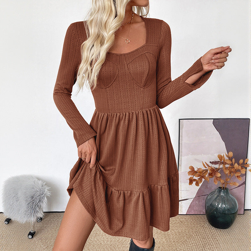 Trimming Knitted Solid Color Square Collar A- Line Dress