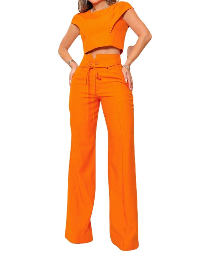 Ensemble deux pièces décontracté à col rond et coupe droite pour femme, couleur unie