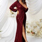 Sequined V-neck Long Sleeve High Slit Slim Fishtail Prom Evening Dress