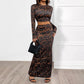 Round Neck Sheath Long Sleeve Leopard-print Slim-fit Split Suit
