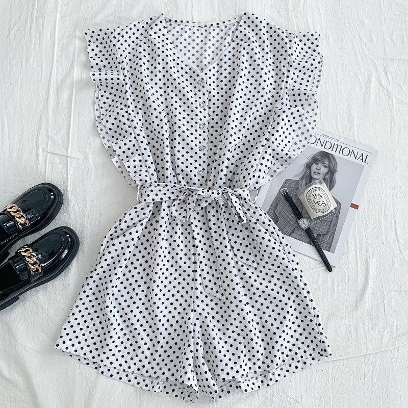 Versatile V Neck Polka Dot Flying Sleeves Lace Up Jumpsuit Wide Leg Pants Shorts