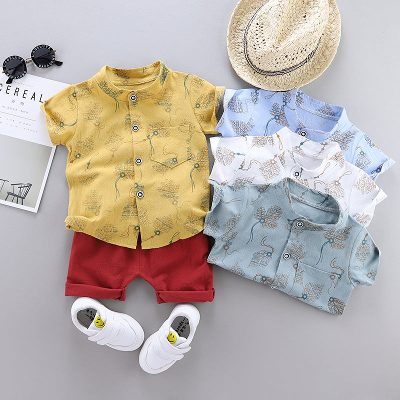 Boy's Fashion Single-breasted Stand Collar Short Sleeve Shirt Casual Pants Suit