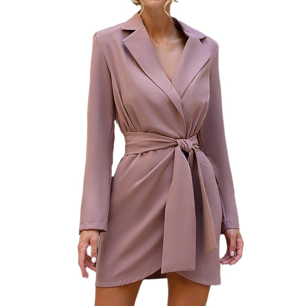 Lapel And Waist Tight Design Lace Up Dress