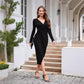 Solid Color V-neck Waist-controlled Slimming Split Long Sleeve Dress