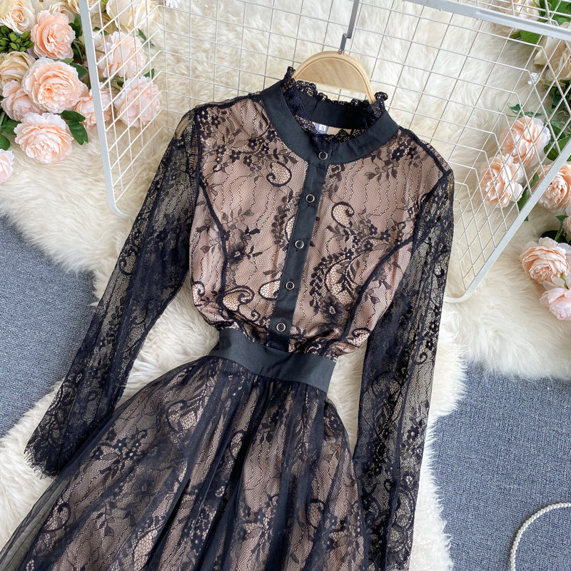 Temperament Dress Lace Round Neck Long Sleeve Mesh Hollow Women's