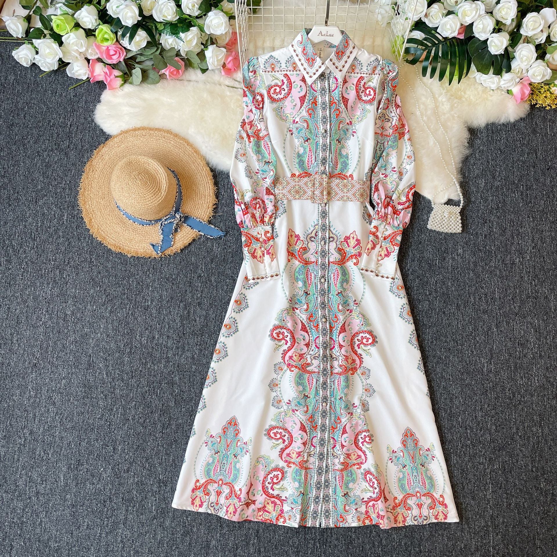 Single-breasted Long Palace Style Printed Dress With Belt
