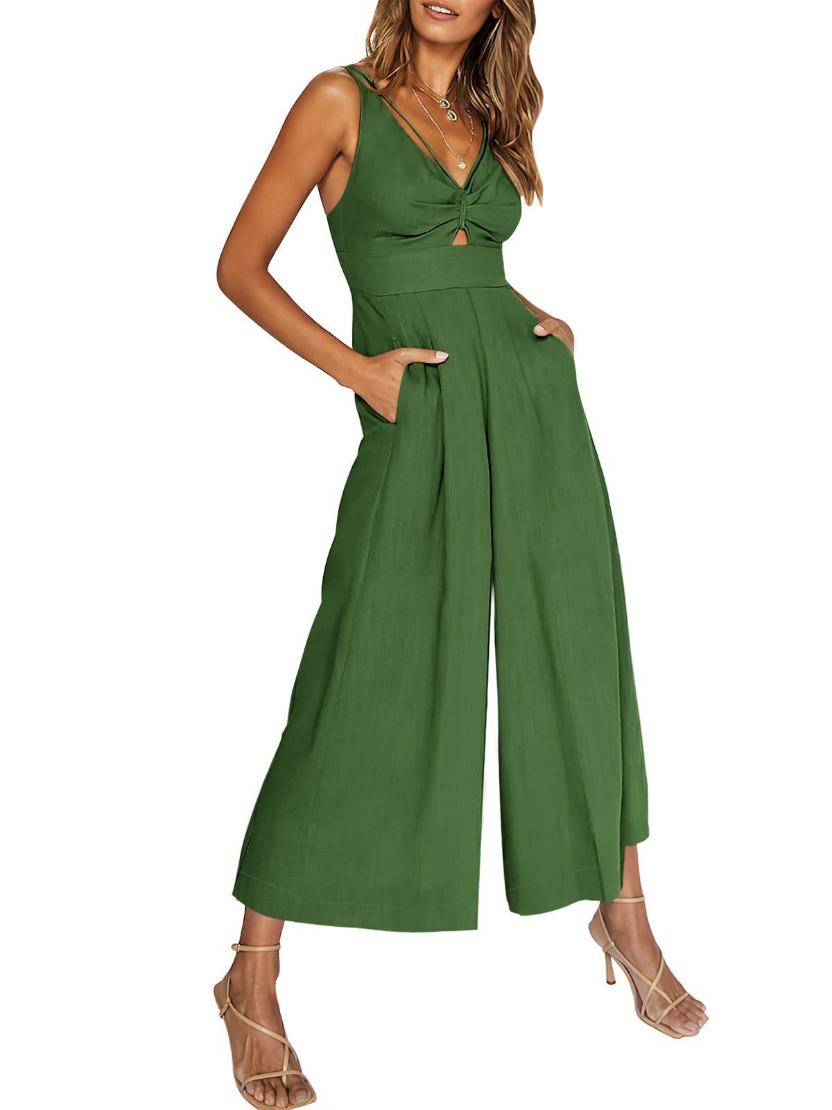 Combinaison d'été à col en V et bretelles ajourées, plissée, taille haute, jambes larges, poches pour femmes