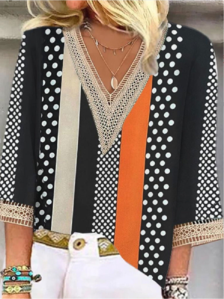 European And American Popular Fashion Loose Multi-color Floral Print Stitching Lace Half Sleeve V-neck Top