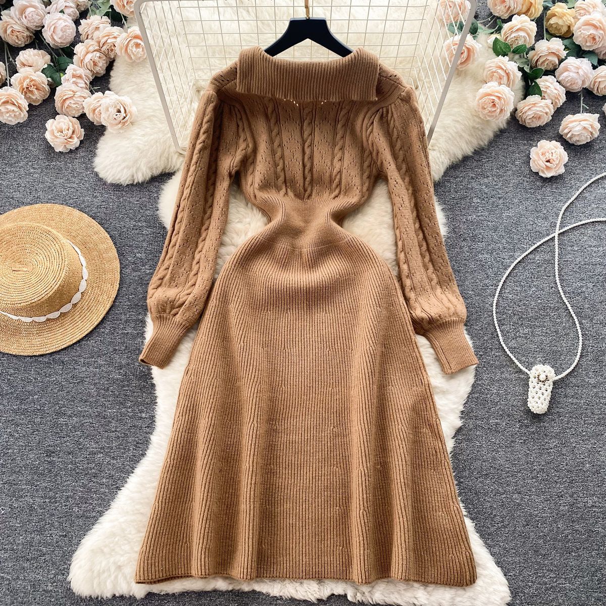 Casual Fashion Retro Long-sleeved Knitted Dress Waist Slimming Elegant Inner Match Long Dress