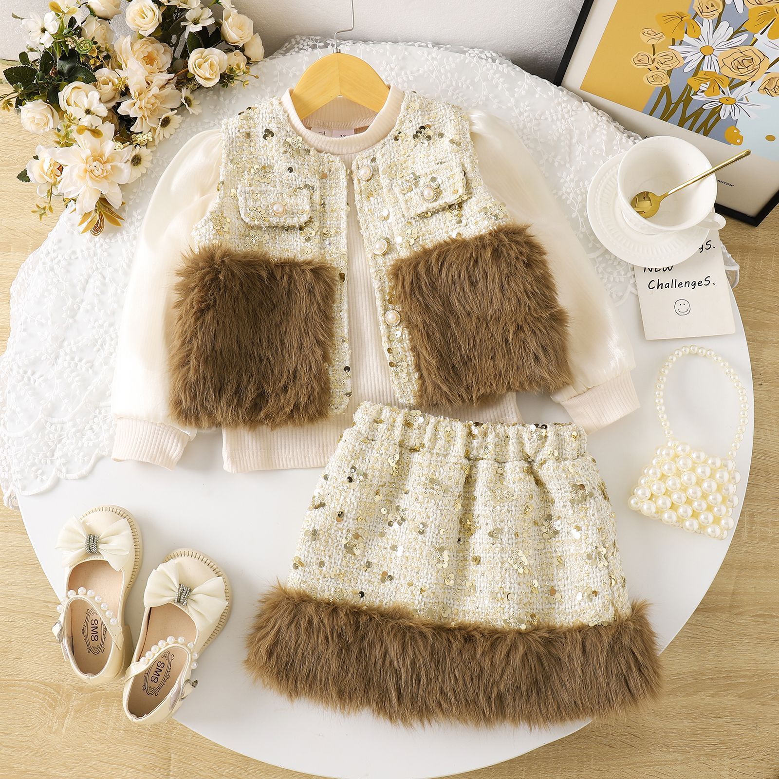 Floral Print Long Sleeve Short Dress Children's Two-piece Set