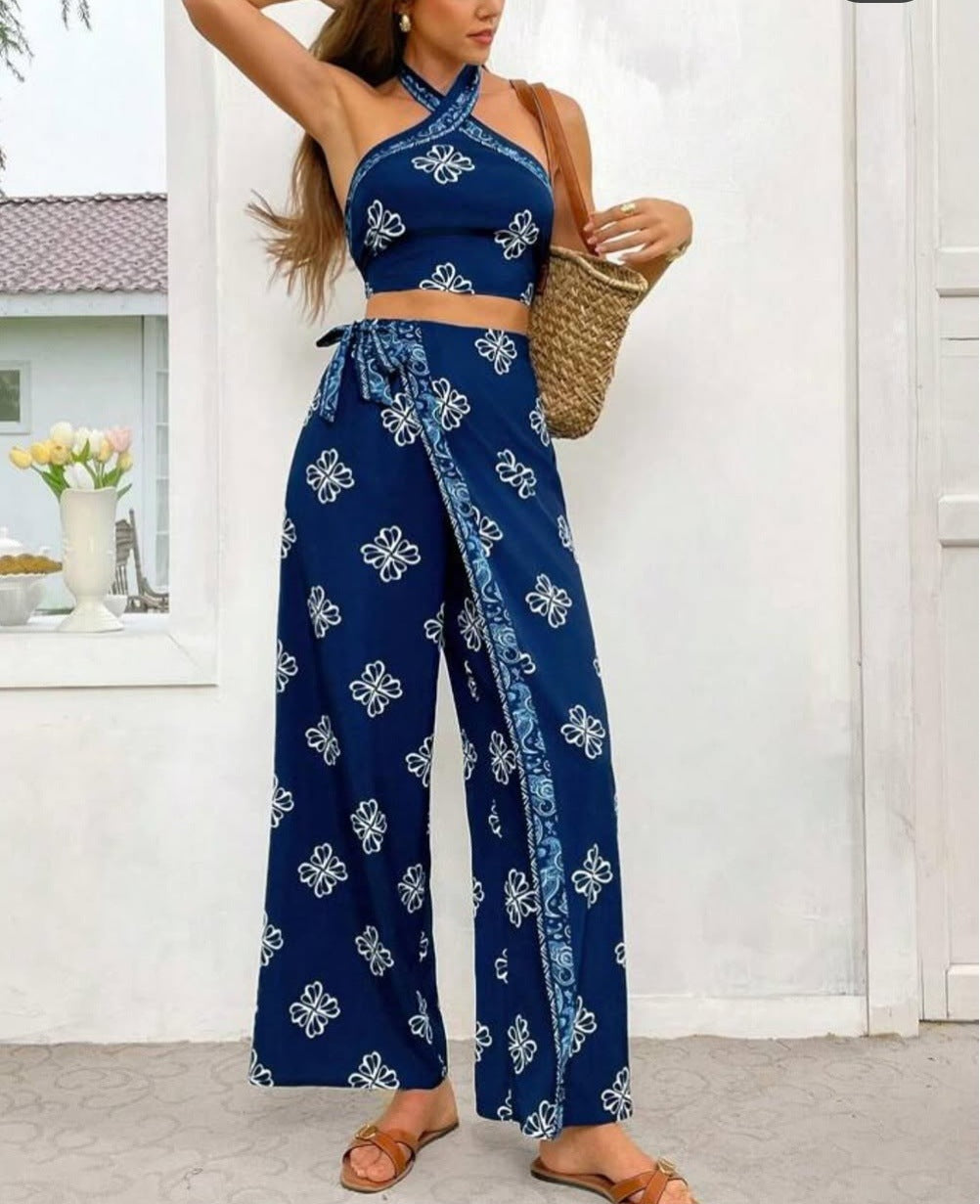 Halter Slim Fit Top High Waist Straight-leg Pants Suit