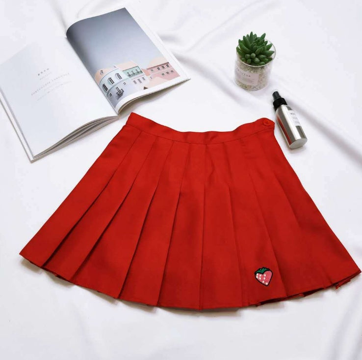 Pleated Skirt Strawberry Embroidered High Waist A-Line Skirt