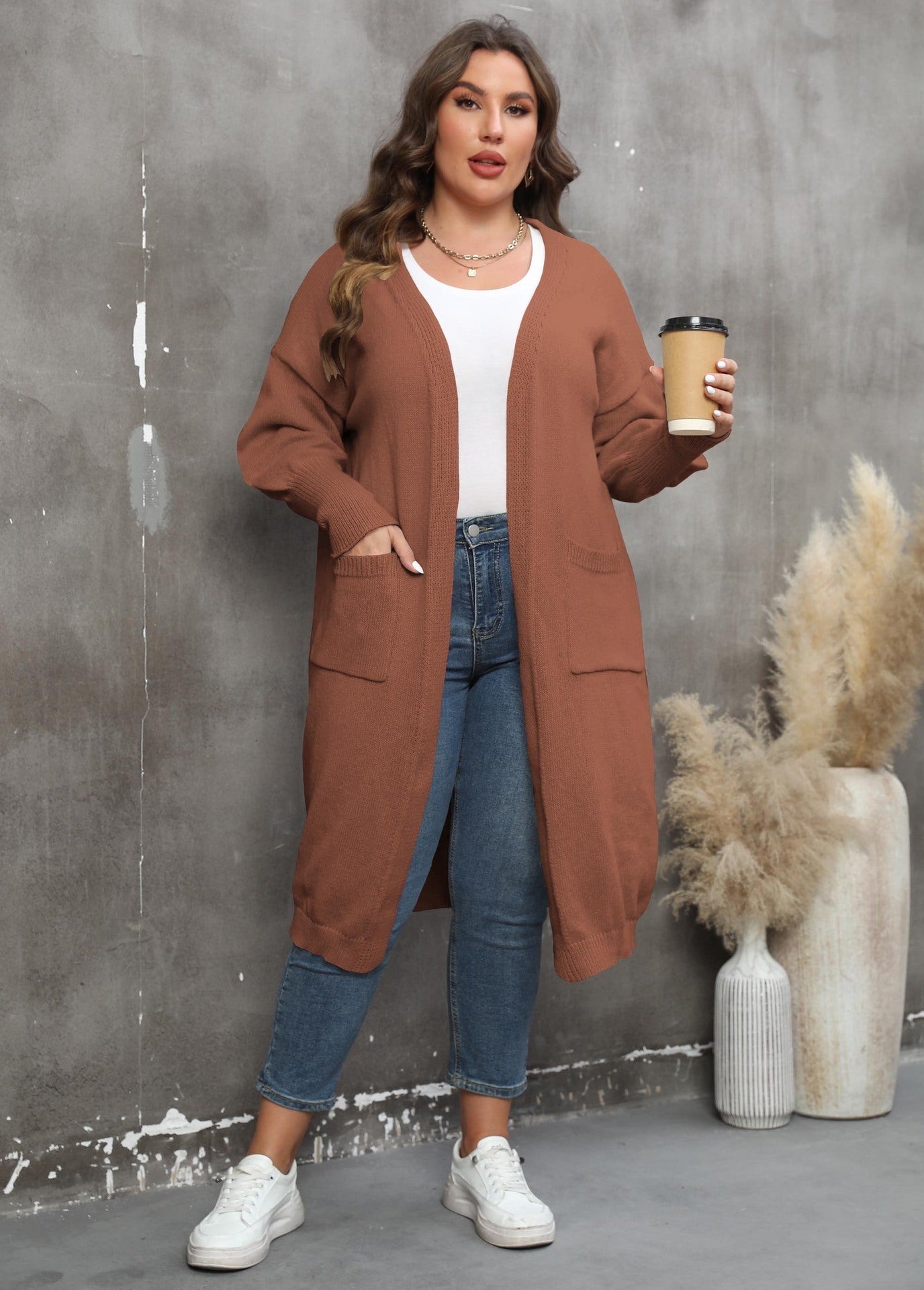 Pull ample mi-long tissé grande taille, style européen et américain, manteau à manches lanternes et double poche