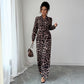 Women's Leopard Print Long Sleeve Wide-leg Jumpsuit