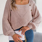 Button Solid Color Hollow-out Lantern Sleeve Sweater