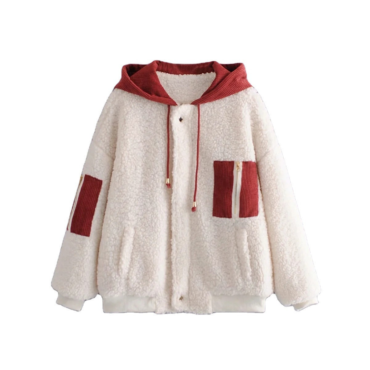 Lamb wool hooded color-blocking thick warm cotton coat