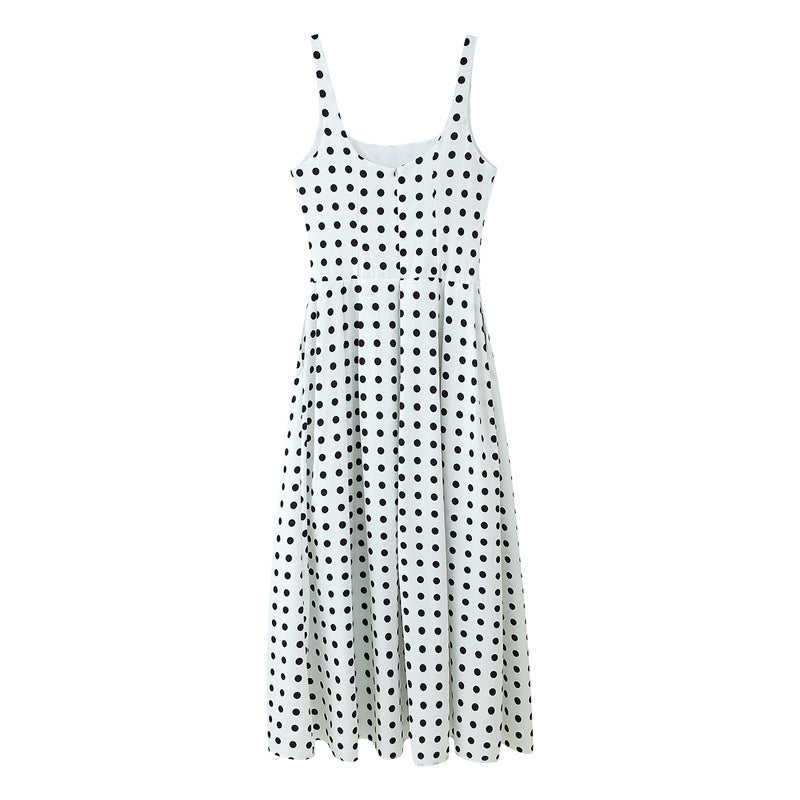 White Polka-dot Cinched Sling Dress