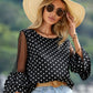 European And American Loose Casual Bell Sleeve Polka Dot Lace Patchwork Round Neck Top