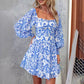 Square Collar Printed Long Sleeve Mini Dress Women