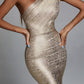 Nouvelle robe bandage, robe une pièce, épaules obliques, dorée, élégante, mode, style européen et américain, offre spéciale