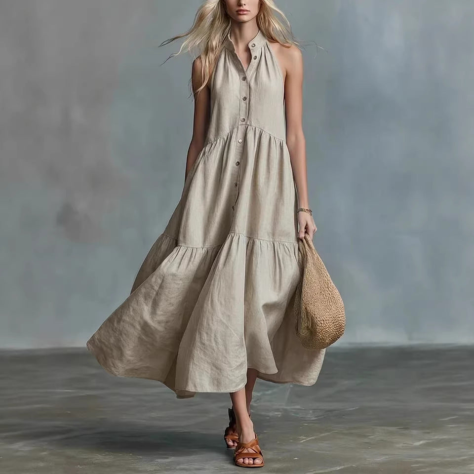 Casual Loose Linen Button-Down Vest Dress