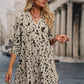 Robe à manches retroussables imprimée sur toute la surface pour femme, décontractée, haute et basse, manches longues, col en V, coupe classique, courte, abricot, manches retroussables, tunique imprimée sur toute la surface, robes courtes pour femmes