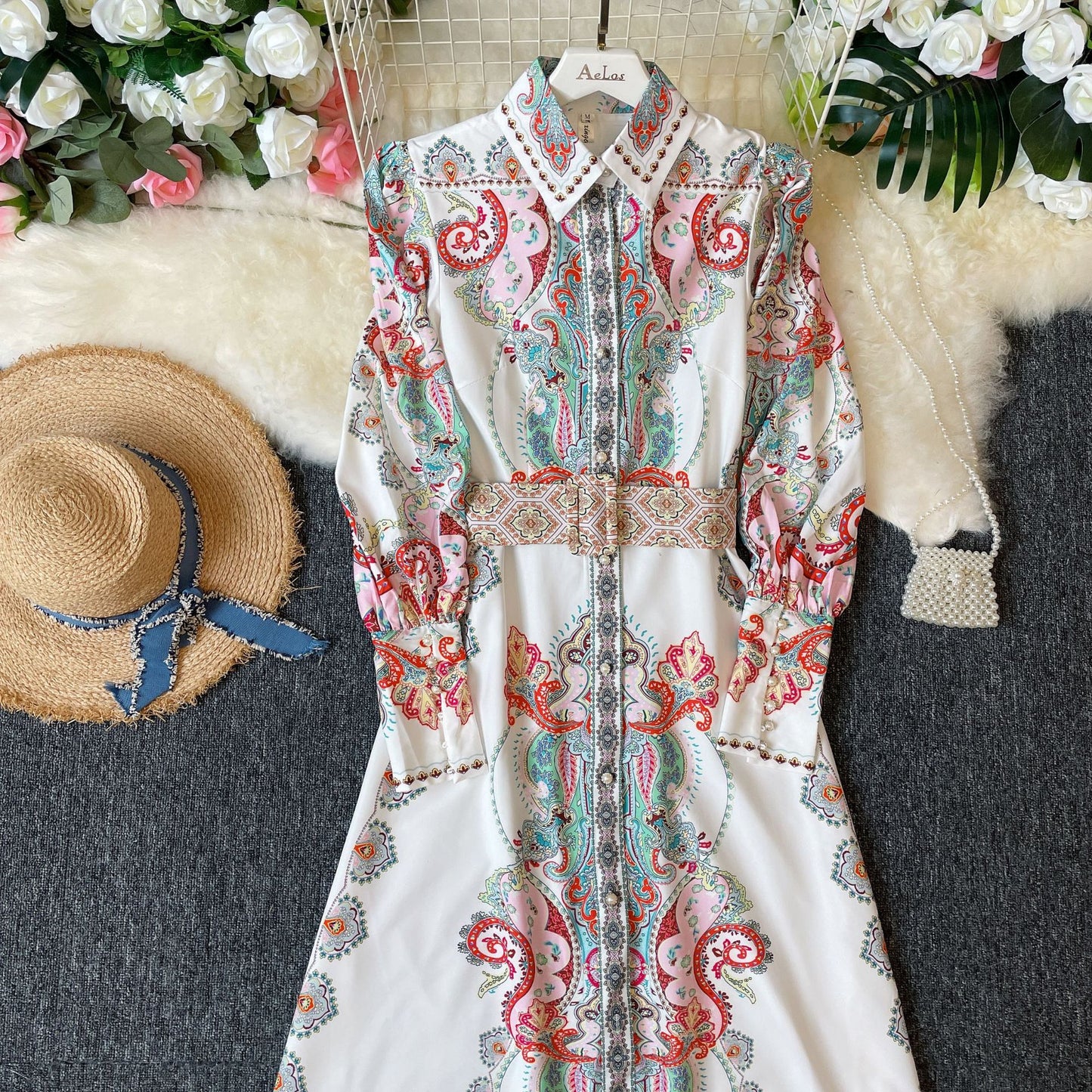 Single-breasted Long Palace Style Printed Dress With Belt
