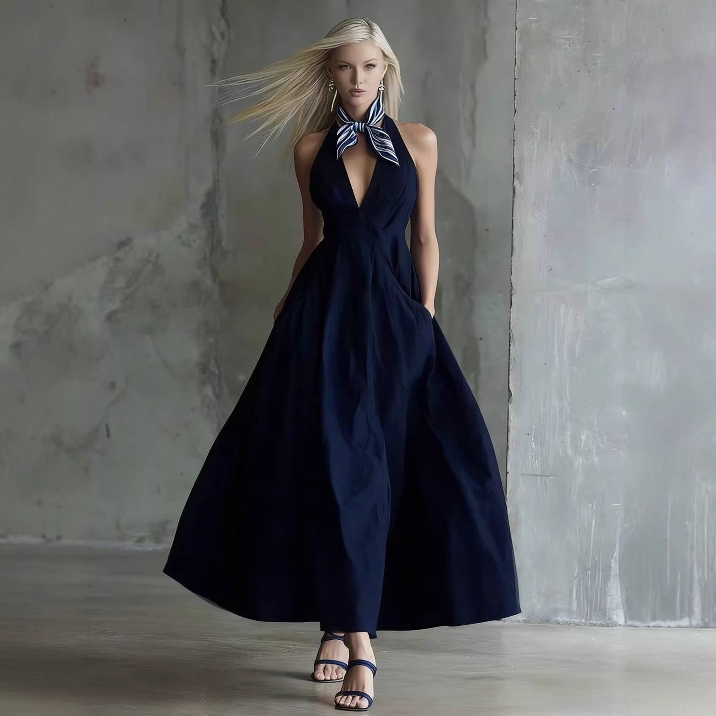 Womens Retro Sleeveless Tie-Waist A-Line Midi Dress With V-Neck