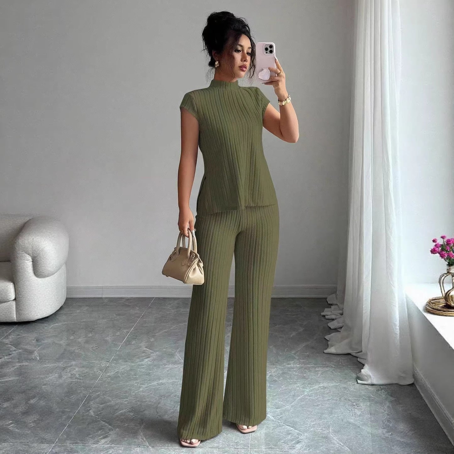 Solid-color Short-sleeve Top And Ribbed Casual Pants Set