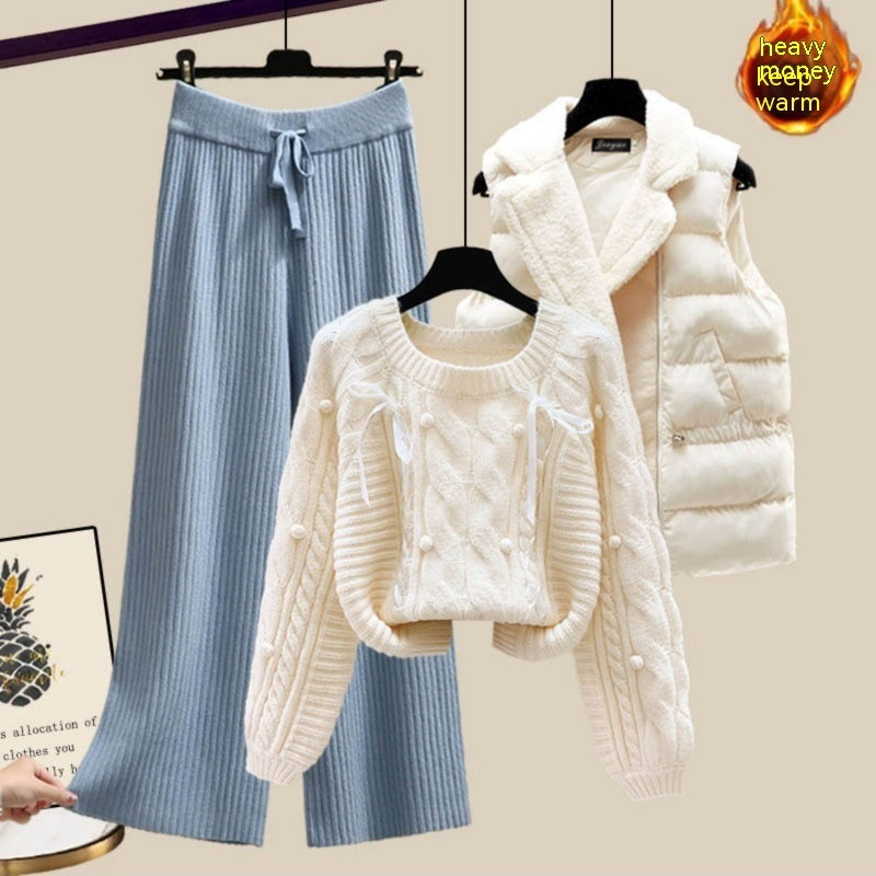 Ensemble trois pièces pour femme, gilet, pull épais, pantalon large