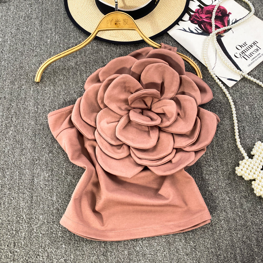 Pure Desire Three-dimensional Large Flower Diagonal Collar One-shoulder Top