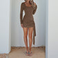 Waist Trimming Temperament Ribbon Sheath Long Sleeve Dres