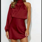 Womens Evening Gown Satin Long Sleeves One-shoulder Dress