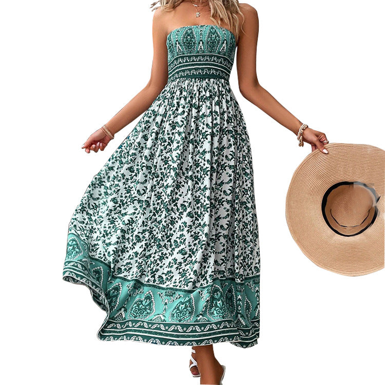 European And American-style Printed Backless Tube Dress