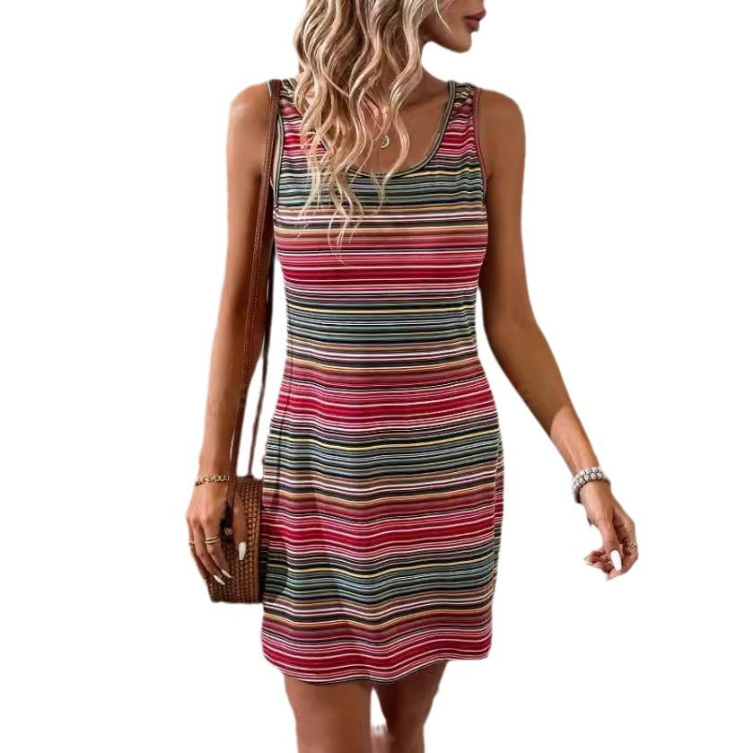 Robe rayée à col rond pour femmes européennes et américaines