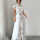 Women's Retro Printed Long-Sleeve Waist-Cinching Single-Breasted Stand-Neckline Dress