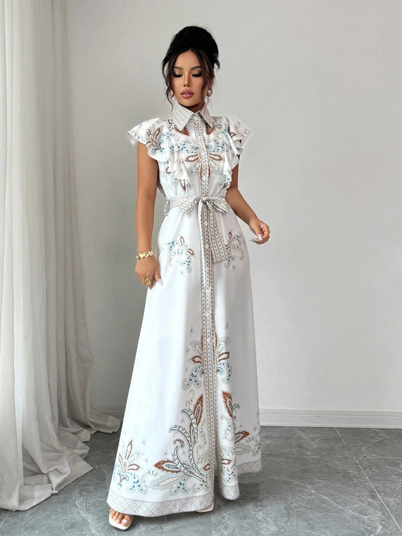 Women's Retro Printed Long-Sleeve Waist-Cinching Single-Breasted Stand-Neckline Dress