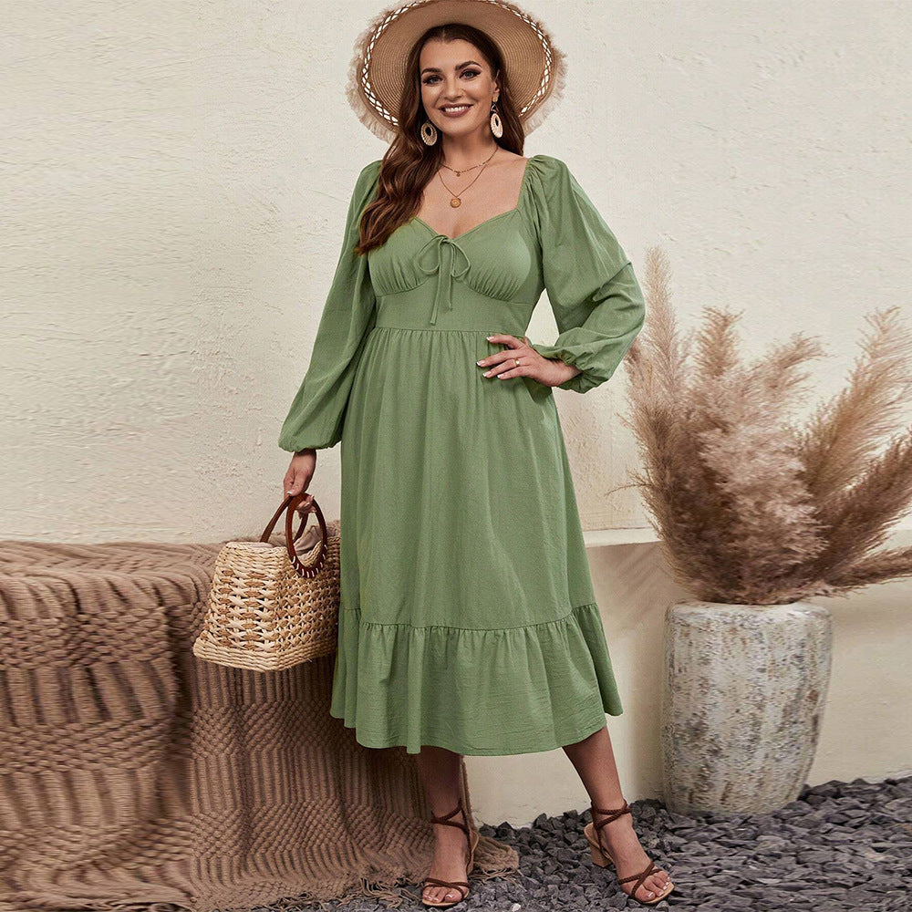 Waist-tight Large Skirt With Chicken Collar Puff Sleeve Pastoral Style Long Sleeve Dress