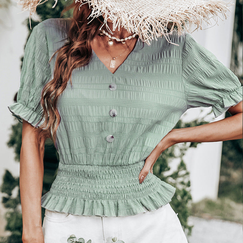 V-neck Short-sleeved Top Waist Slim Green
