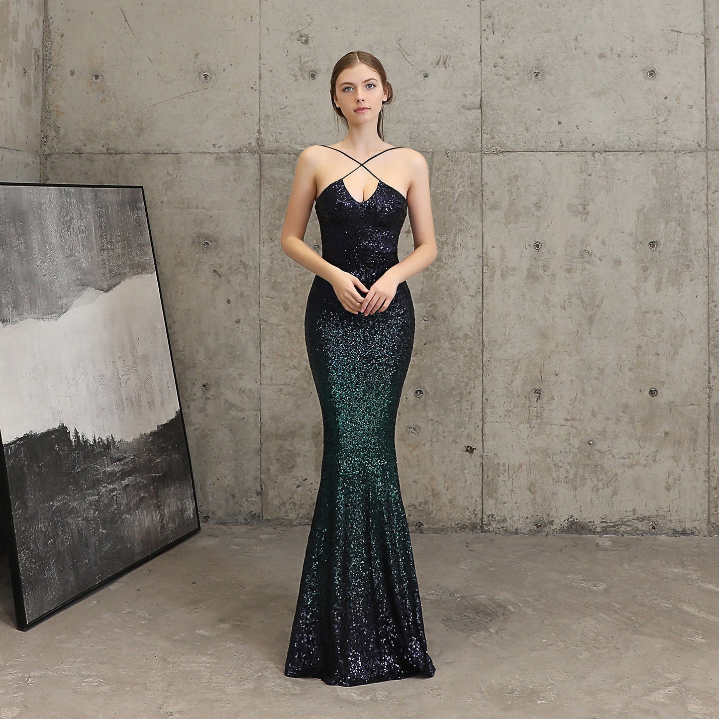 Robe de soirée à paillettes longue et ajustée en queue de poisson