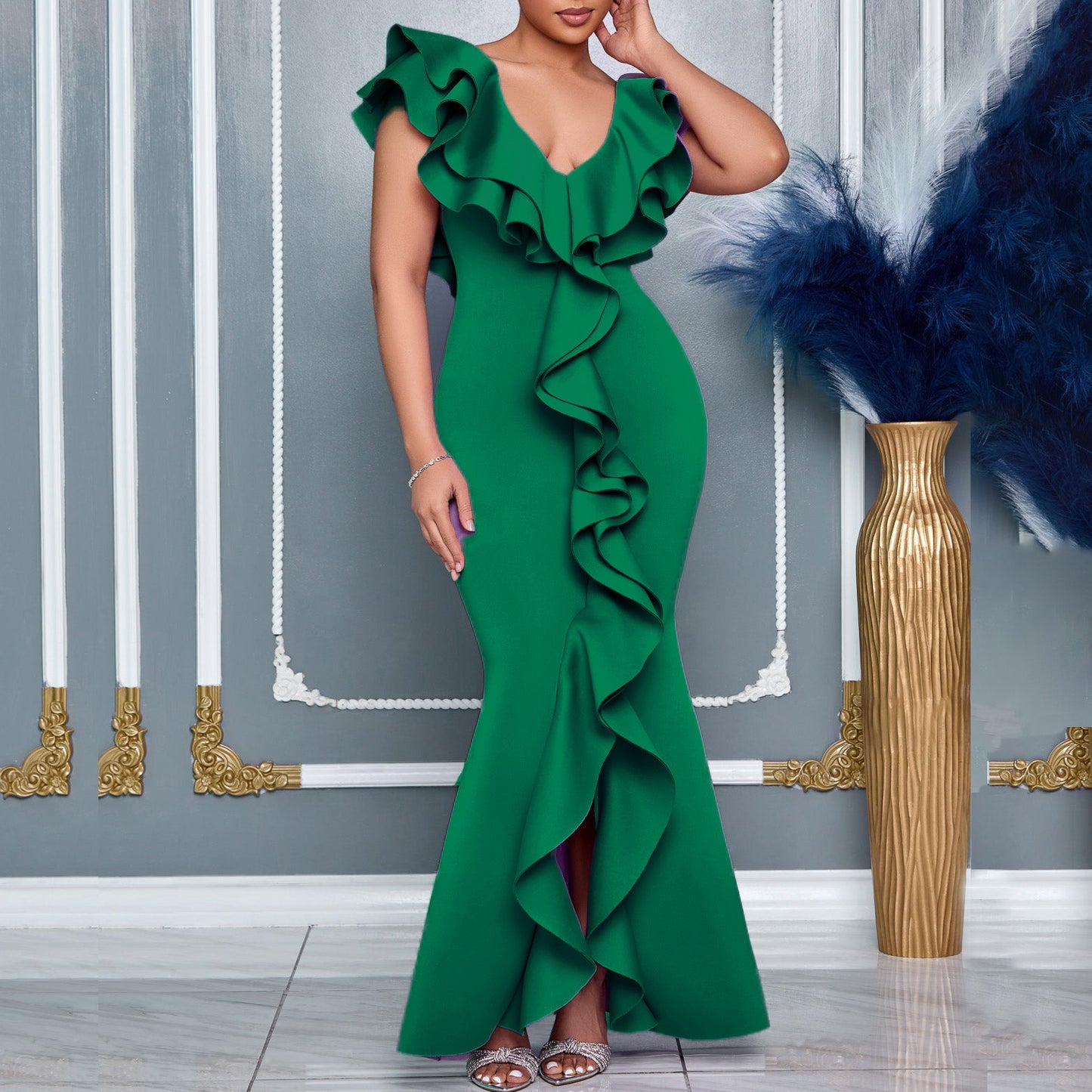 V-neck Flounce Split Fishtail Skirt