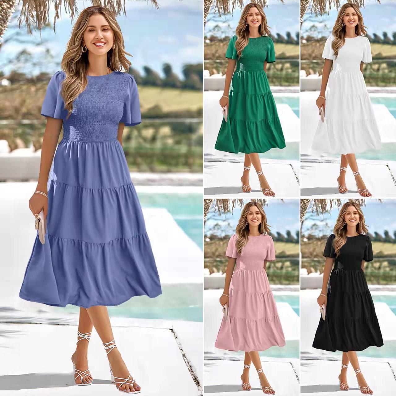 Robe de vacances à smocks et col rond, printemps et été