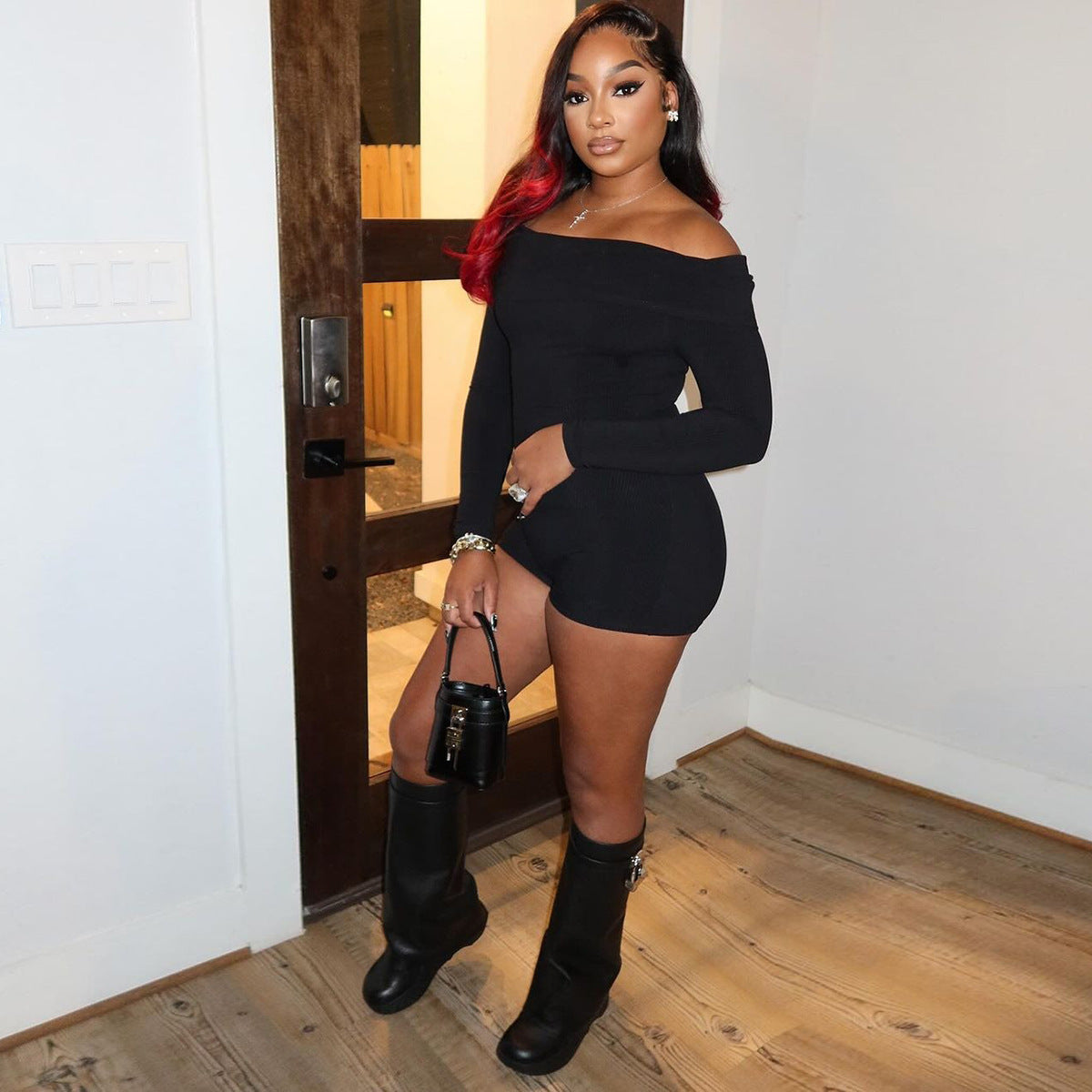 Autumn New Off-shoulder Long Sleeve Knitted Jumpsuit